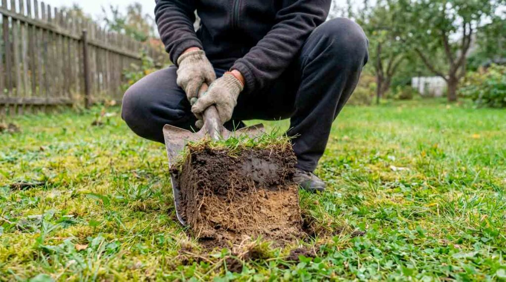 Drėgmės gylio tikrinimas vejoje