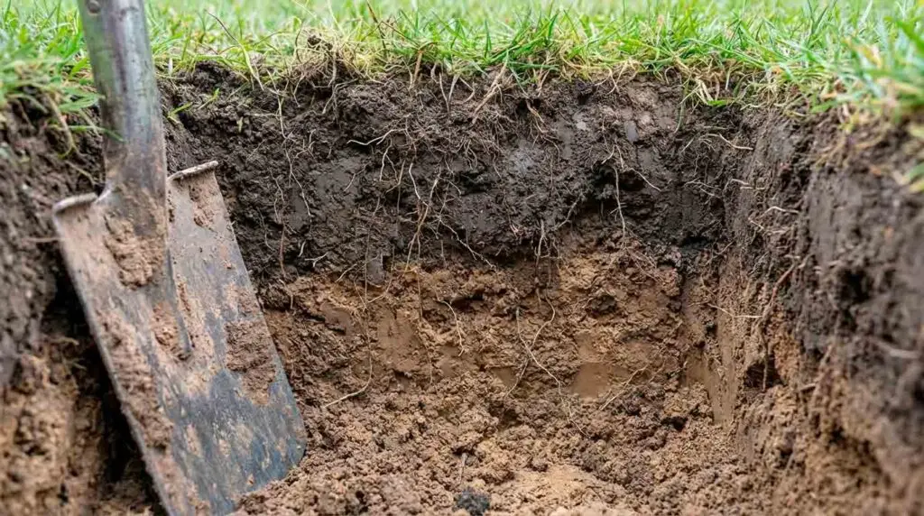 Drėgmės gylio tikrinimas vejoje, testas su kastuvu iki 15 cm, be brangios įrangos