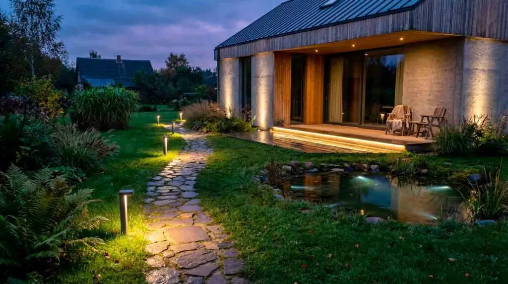 Lauko apšvietimas ir  dekoratyviniai tvenkiniai sklype.